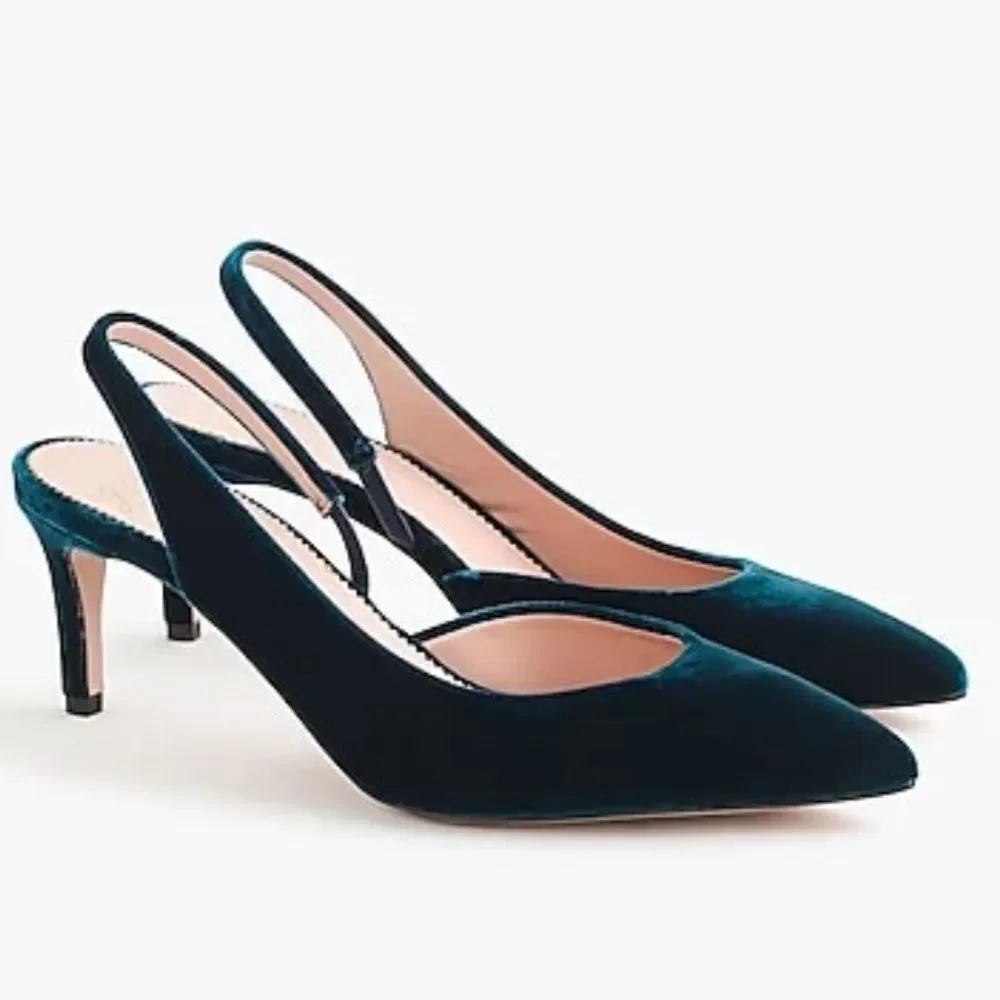 J. Crew $258 Colette Slingback D'Orsay Pumps Blue Green Dark Velvet Sz 7 NEW